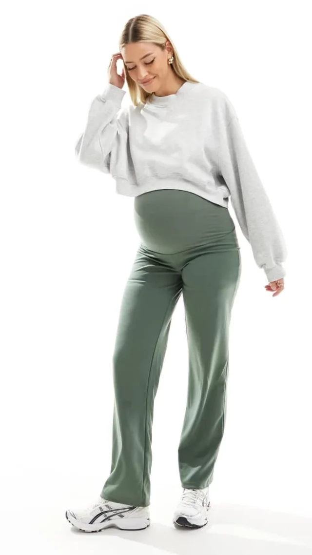 Mamalicious Maternity Over The Bump Straight Leg Pants In Khaki Green