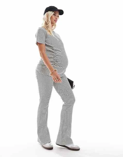 Mamalicious Maternity Ribbed Over The Bump Flared Pants And Ruched Front Short Sleeve Top Set In Striped White