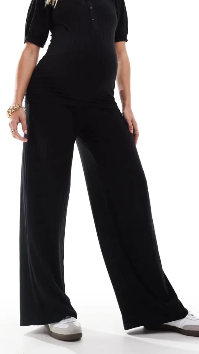 Mamalicious Maternity Ribbed Over The Bump Wide Leg Pants In Black - Part Of A Set