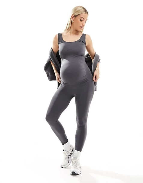 Mamalicious Maternity Seamless Tank Top And Leggings Set In Gray