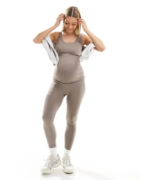 Mamalicious Maternity Seamless Tank Top And Leggings Set In Taupe