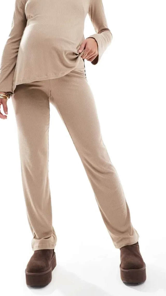 Mamalicious Maternity Wide Leg Jersey Pants In Beige - Part Of A Set