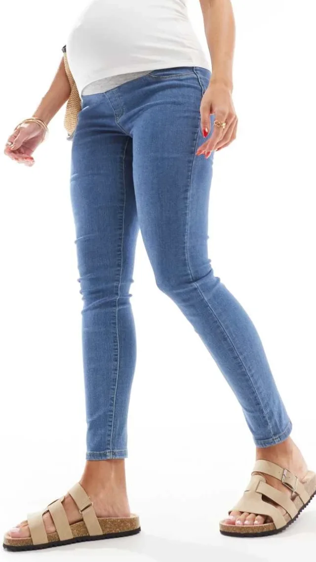 Only Maternity Rain Jeggings In Mid Blue