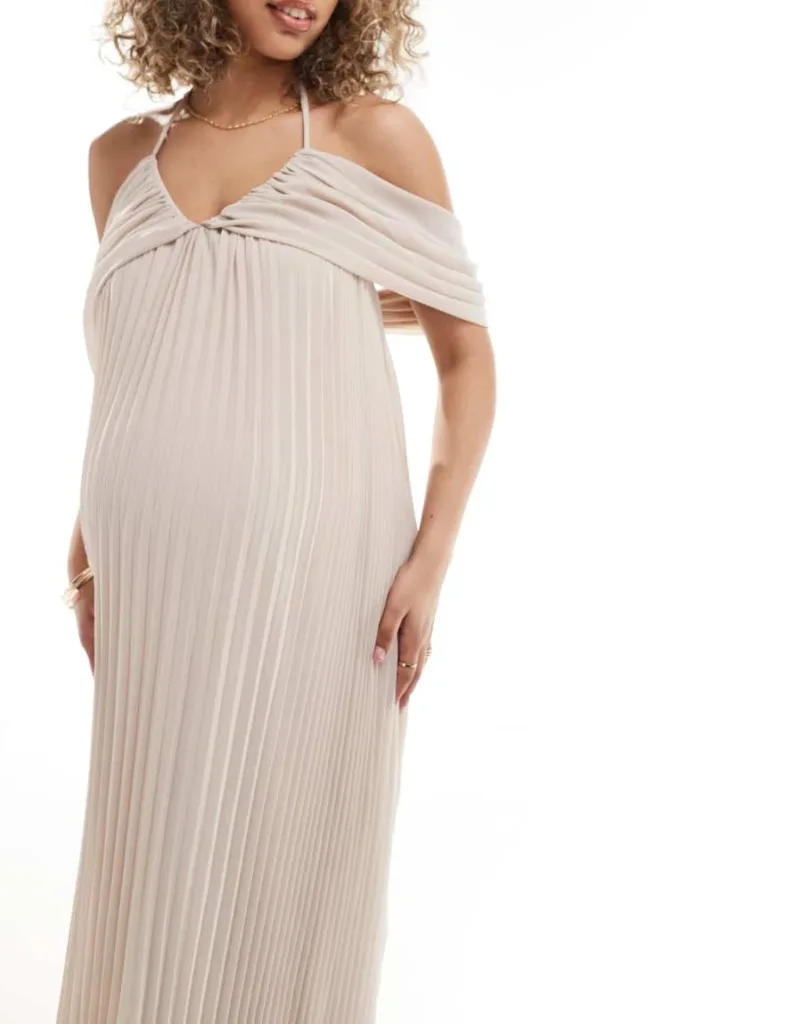 Tfnc Bridesmaids Maternity Cold Shoulder Chiffon Pleated Maxi Dress In Ecru