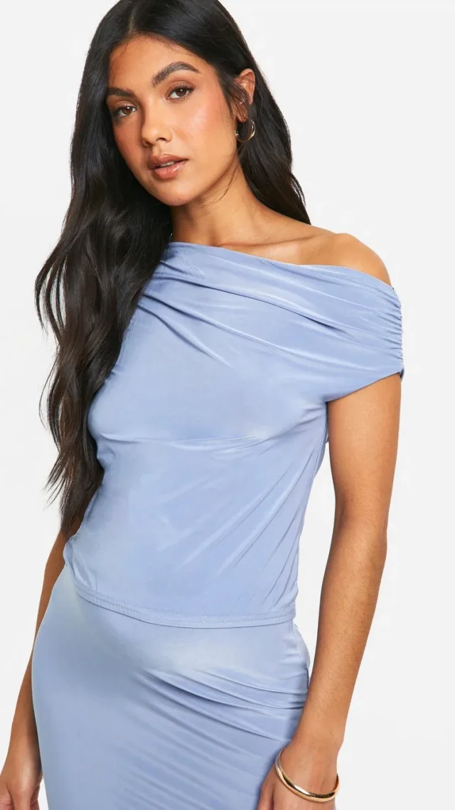 Baby Blue Maternity Slinky Asymmetric Neck Top