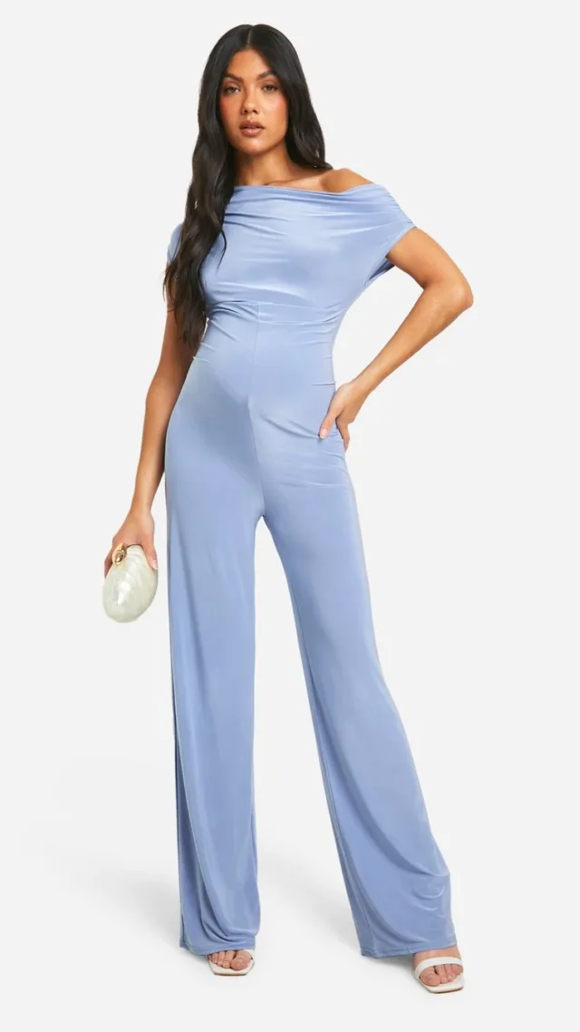 Baby Blue Maternity Slinky Asymmetric Wide Leg Jumpsuit