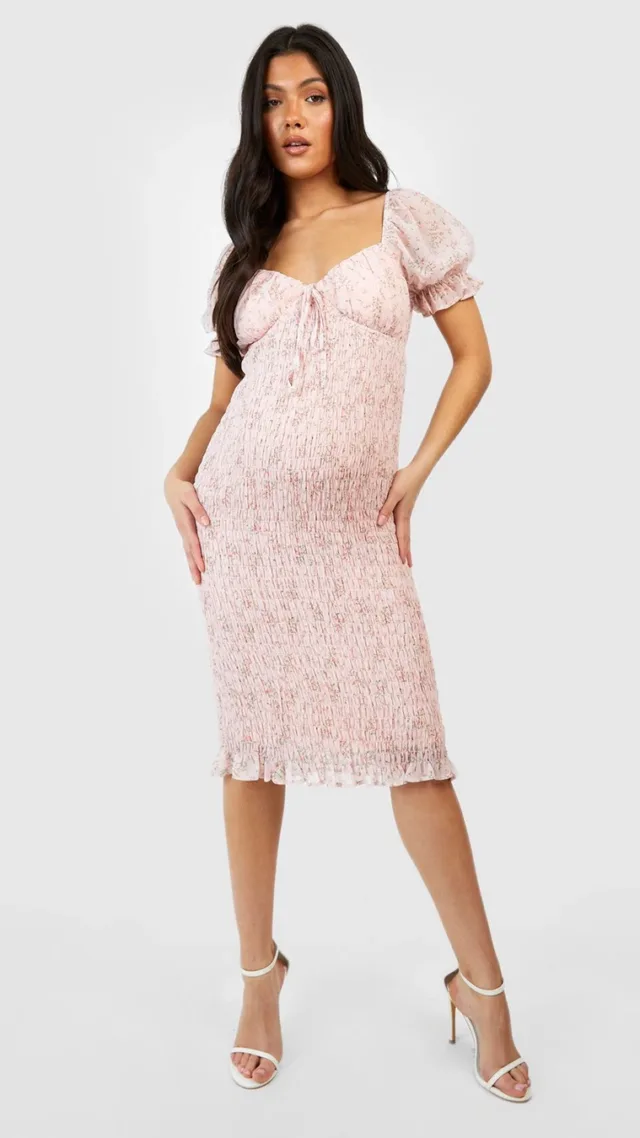 Baby Pink Maternity Ditsy Shirred Midi Dress