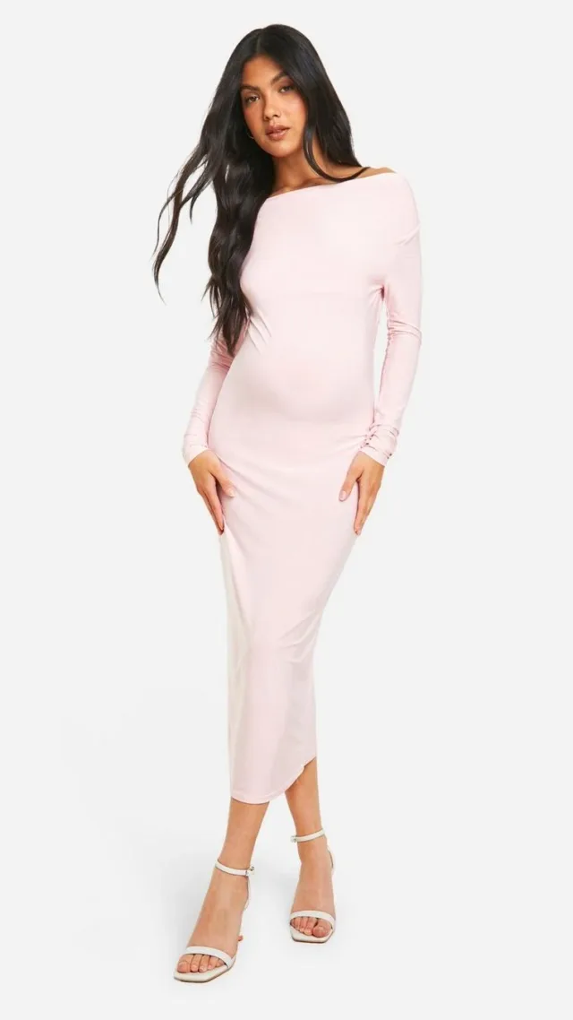 Baby Pink Maternity Long Sleeve Cowl Neck Midi Dress