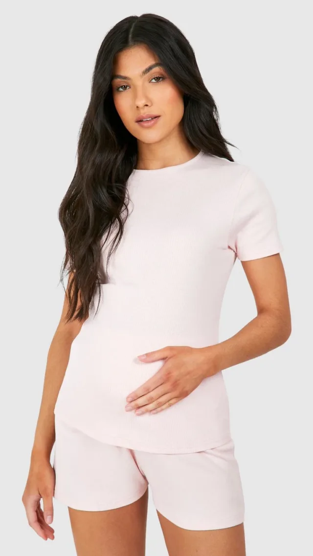 Baby Pink Maternity Rib Lounge T-Shirt And Short Set