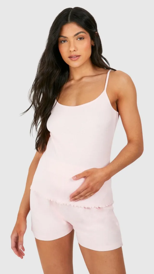 Baby Pink Maternity Ribbed Strappy Cami Pajama Short Set