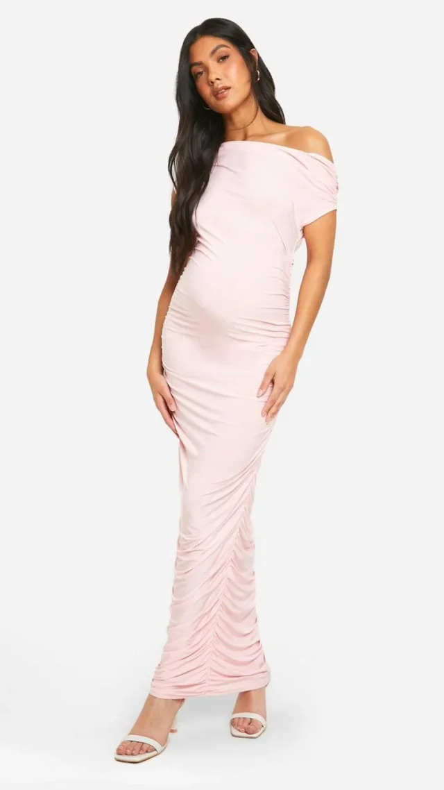 Baby Pink Maternity Slinky Asymmetric Ruched Midi Dress