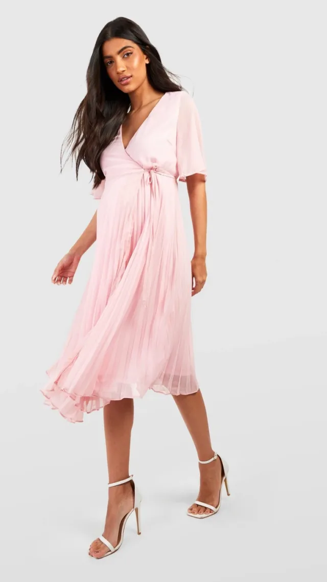 Baby Pink Maternity Wrap Pleated Skater Midi Dress