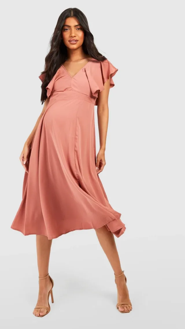 Baked Coral Maternity Occasion Tie Back Frill Midi Dress