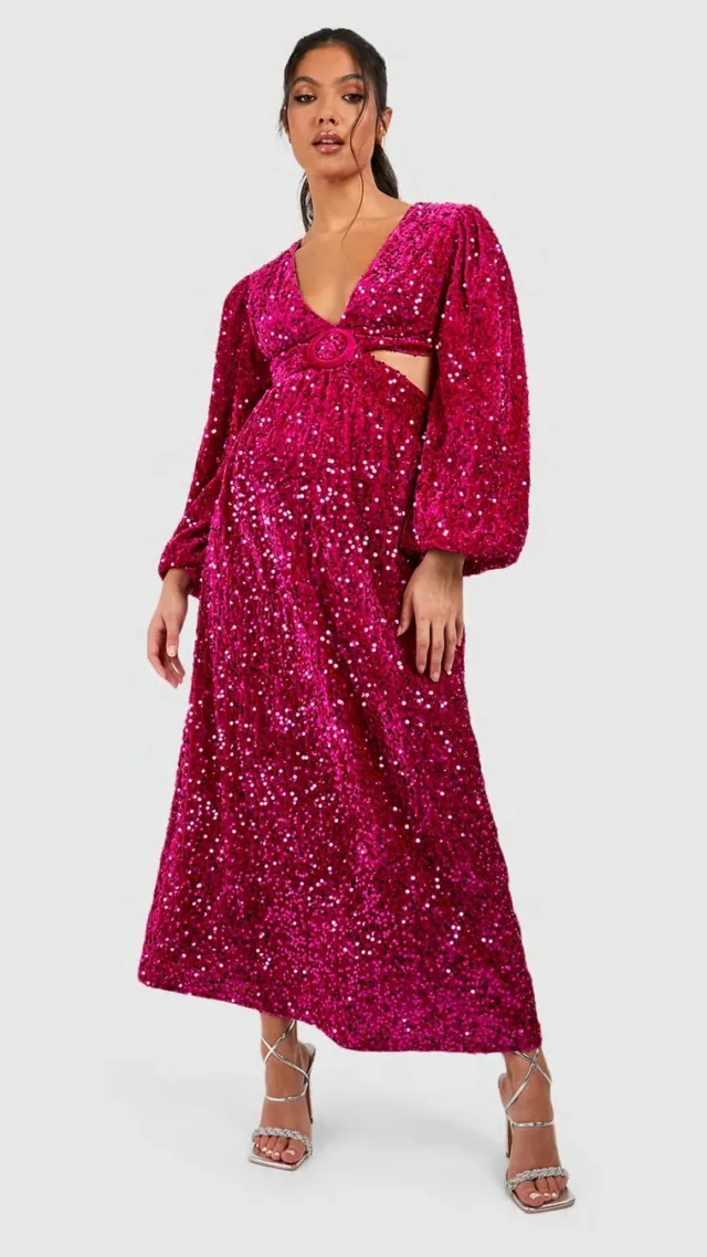 Berry Maternity Velvet Sequin O Ring Midi Dress