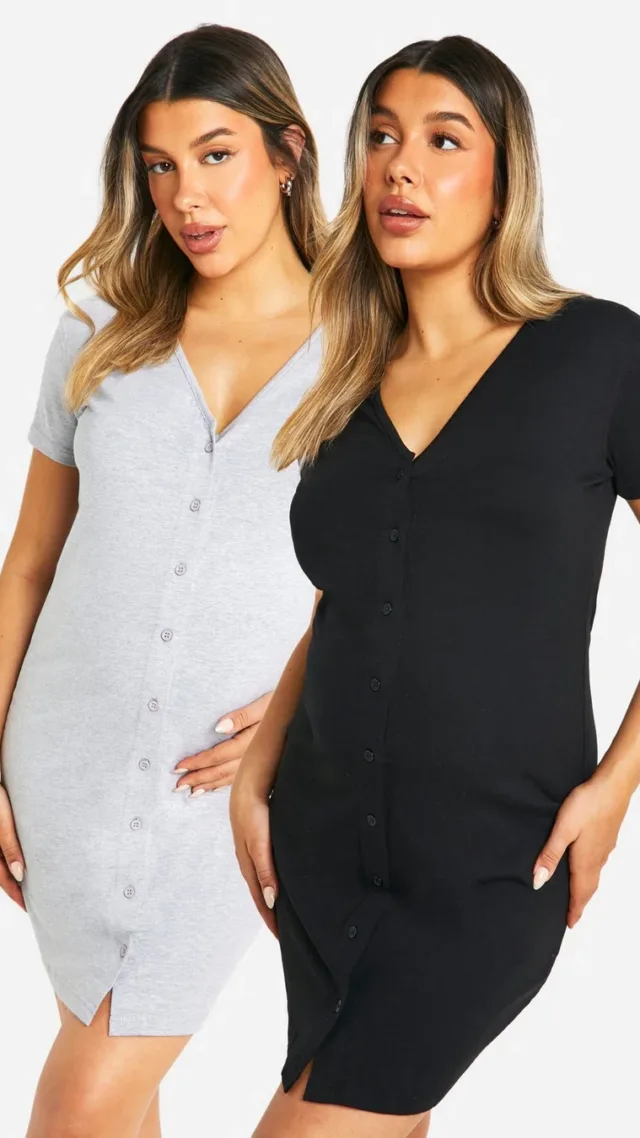 Black Maternity 2 Pack Button Front Nightgown