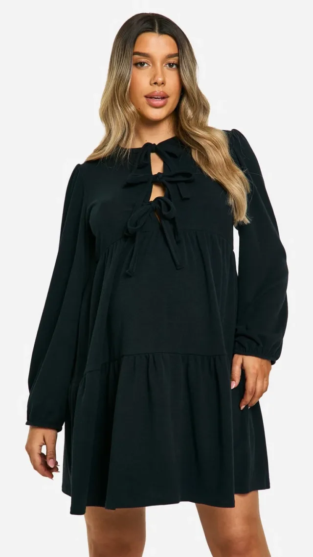 Black Maternity 2 Tone Rib Tie Front Frill Hem Long Sleeve Mini Smock Dress