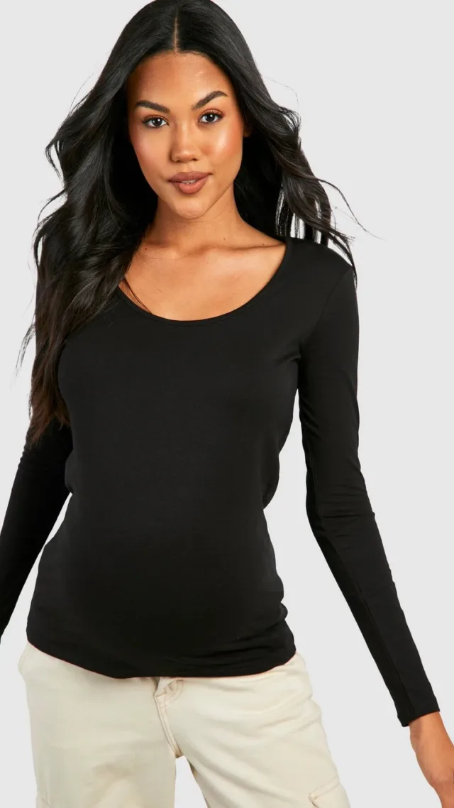 Black Maternity Basic Long Sleeve Scoop Neck Top