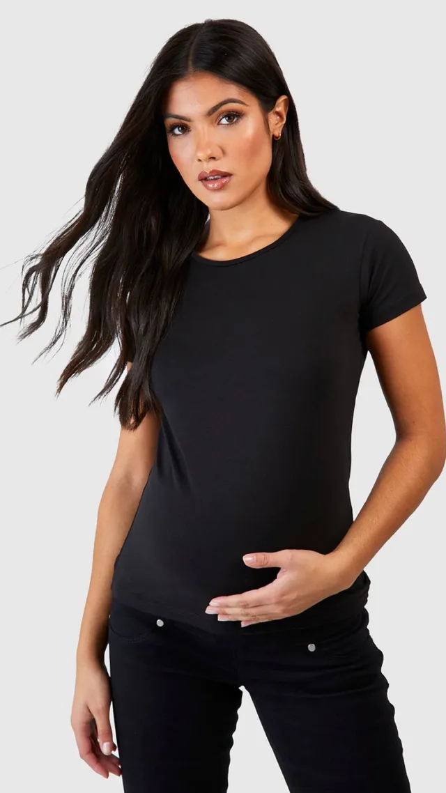 Black Maternity Basic Short Sleeve Square Neck T-Shirt