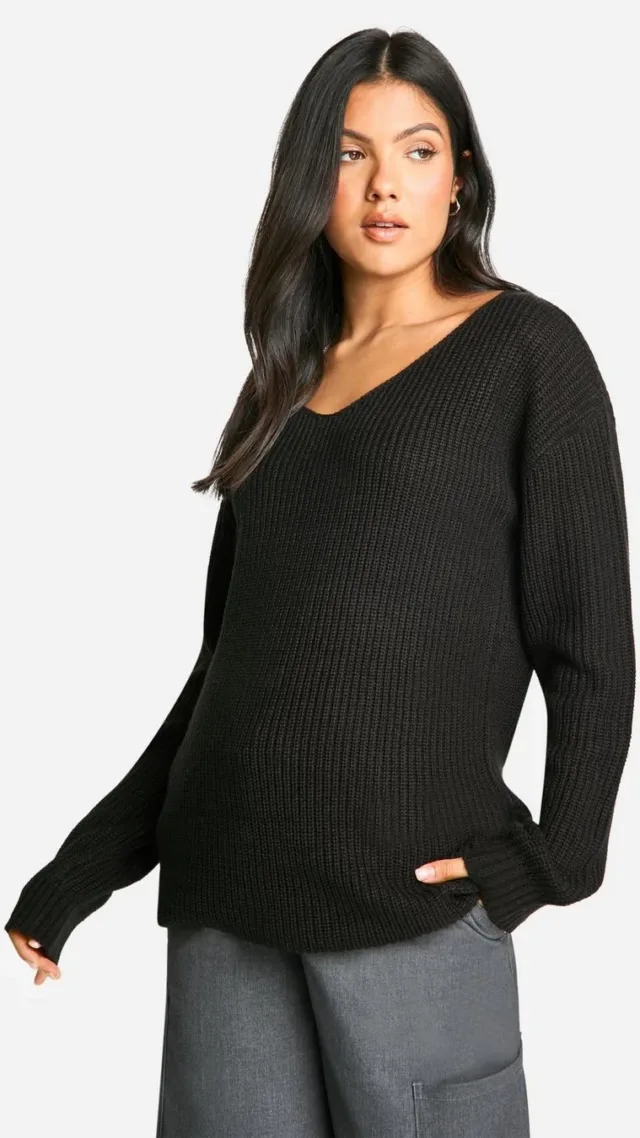 Black Maternity Basic V Neck Sweater