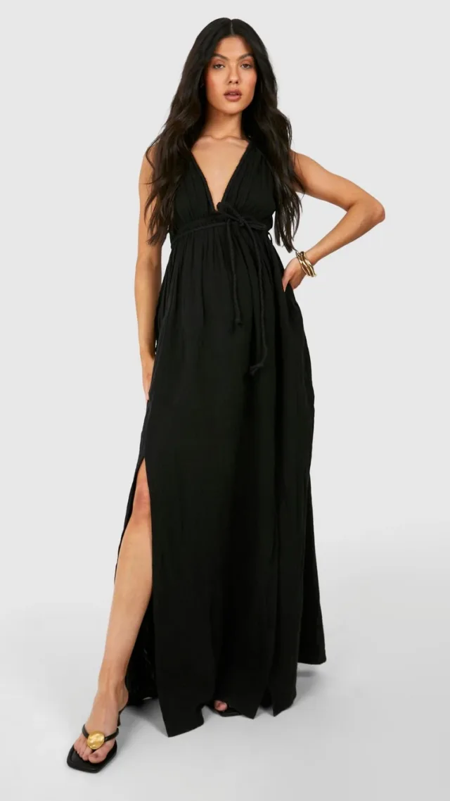 Black Maternity Belted Cheesecloth Maxi Dress