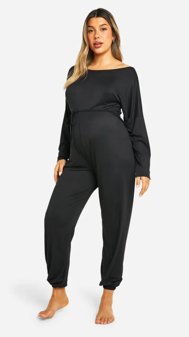 Black Maternity Boat Neck Wide Leg Lounge Jumpsuit