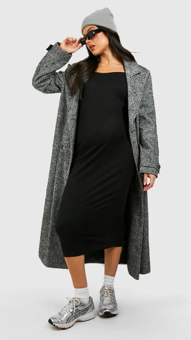 Black Maternity Brushed Rib Sweetheart Neck Midi Dress