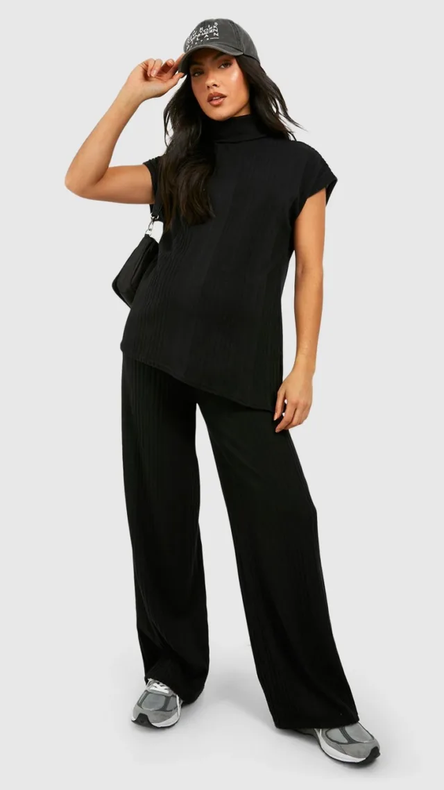 Black Maternity Brushed Rib Turtleneck Loungewear Set