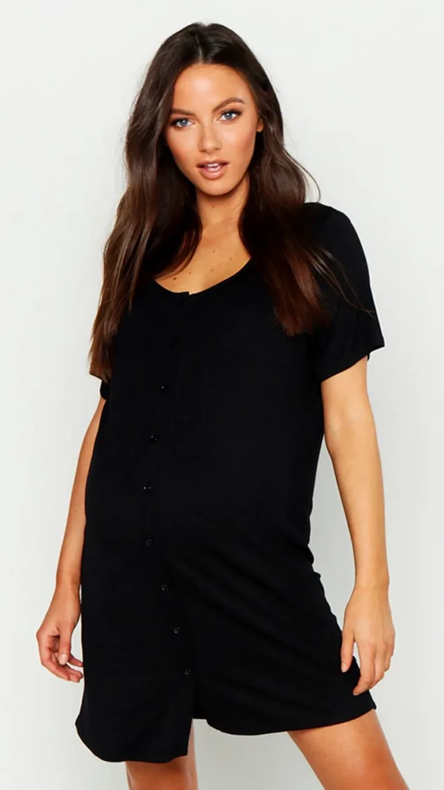 Black Maternity Button Front Nightgown