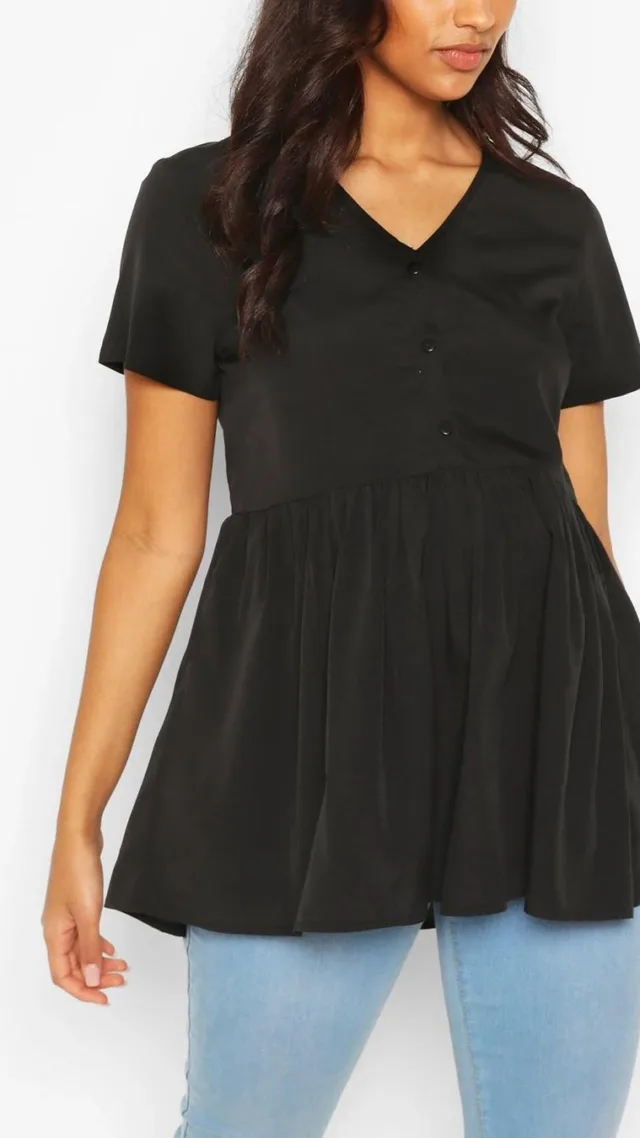 Black Maternity Button Front Woven Smock Top