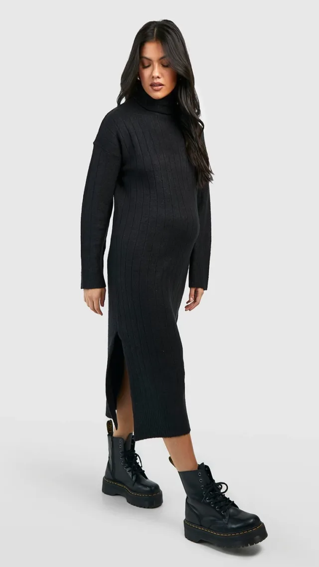 Black Maternity Cable Knit Turtleneck Midi Dress