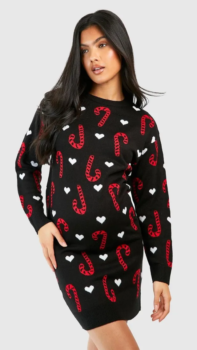 Black Maternity Candy Cane Christmas Sweater Dress