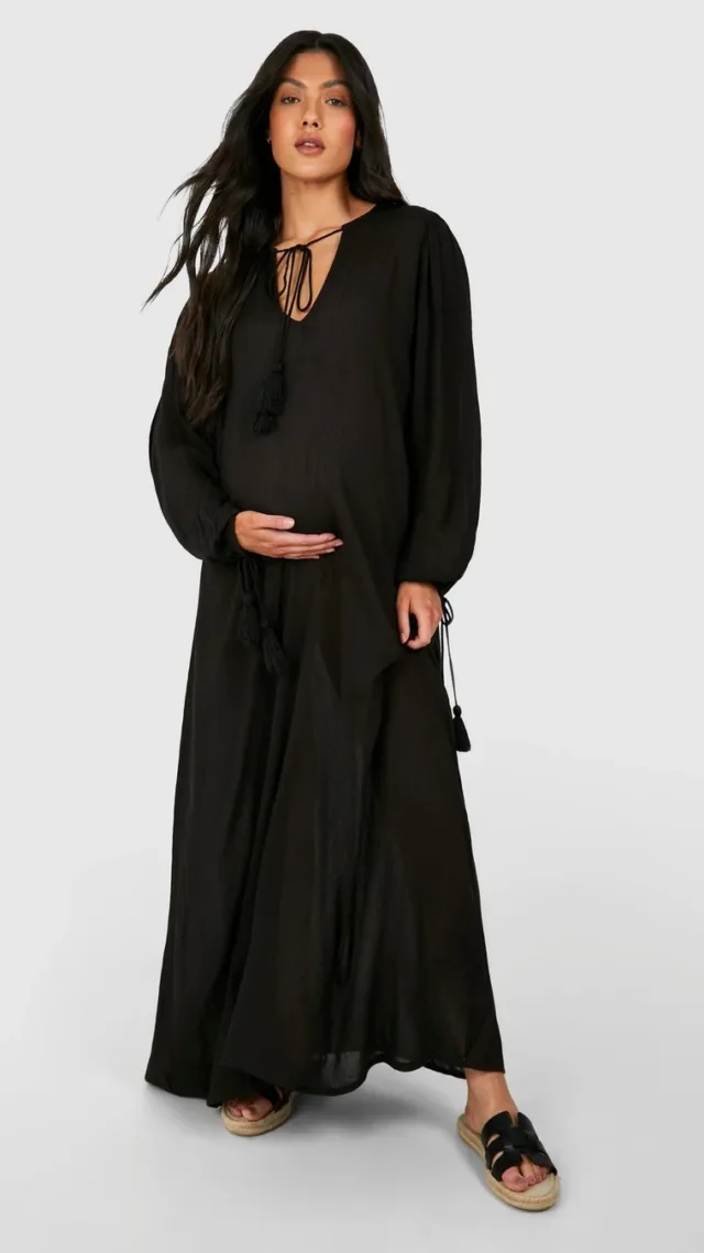 Black Maternity Cheesecloth Tassel Beach Kaftan