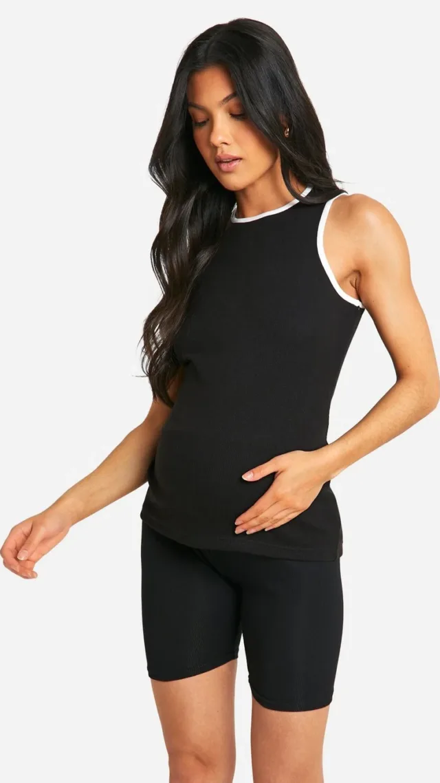 Black Maternity Contrast Binding Rib Racer Neck Tank Top