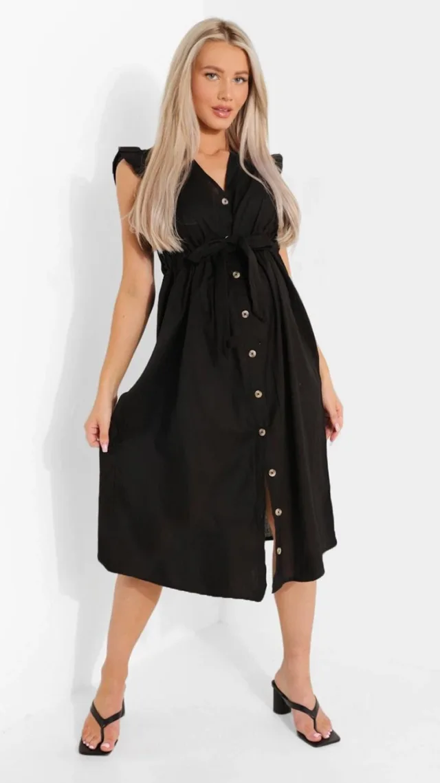 Black Maternity Cotton Button Down Midi Dress