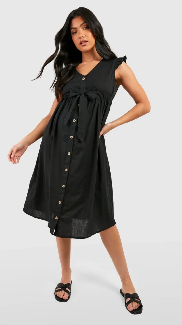 Black Maternity Cotton Button Down Midi Dress