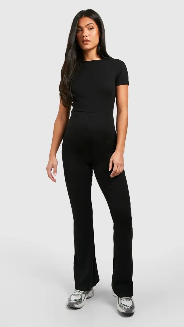 Black Maternity Cotton Rib Short Sleeve Flared Jumpsuit