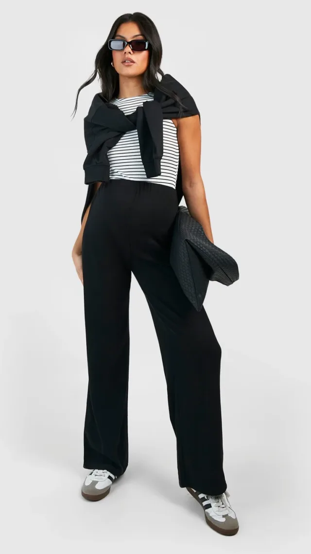 Black Maternity Cotton Rib Wide Leg Pants