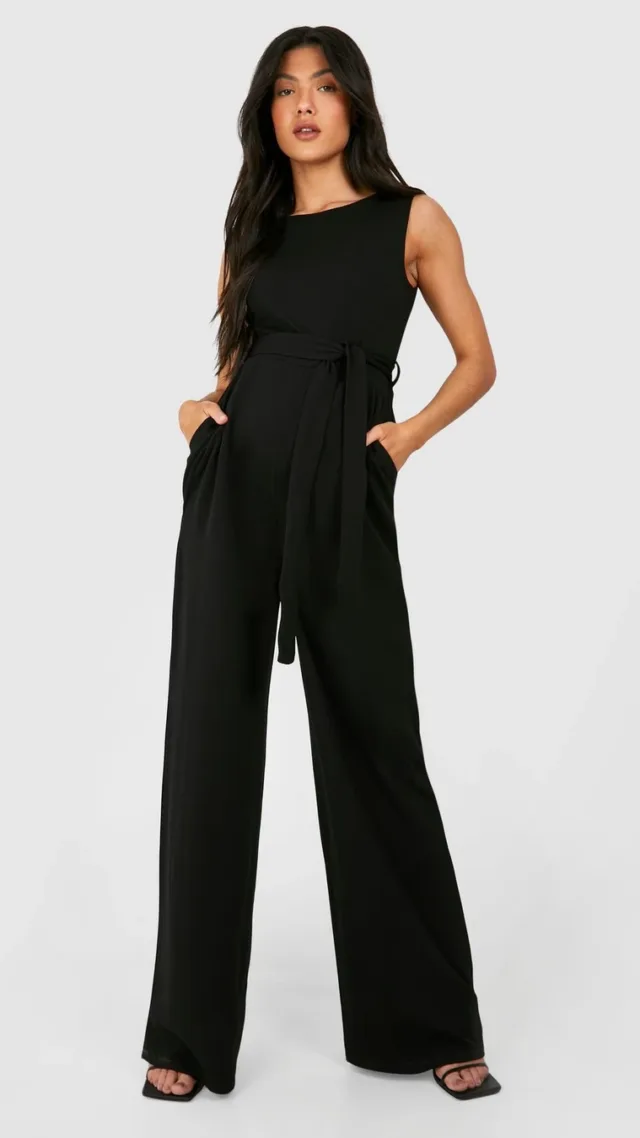 Black Maternity Crepe Belted Wide Leg Jumpsuit