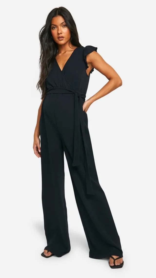 Black Maternity Crepe Frill Belted Wide Leg Jumpsuit