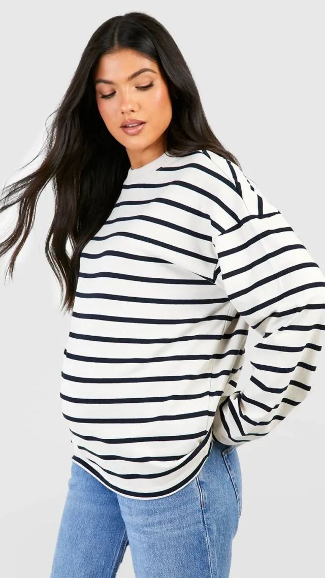 Black Maternity Crew Neck Long Sleeve Stripe Top