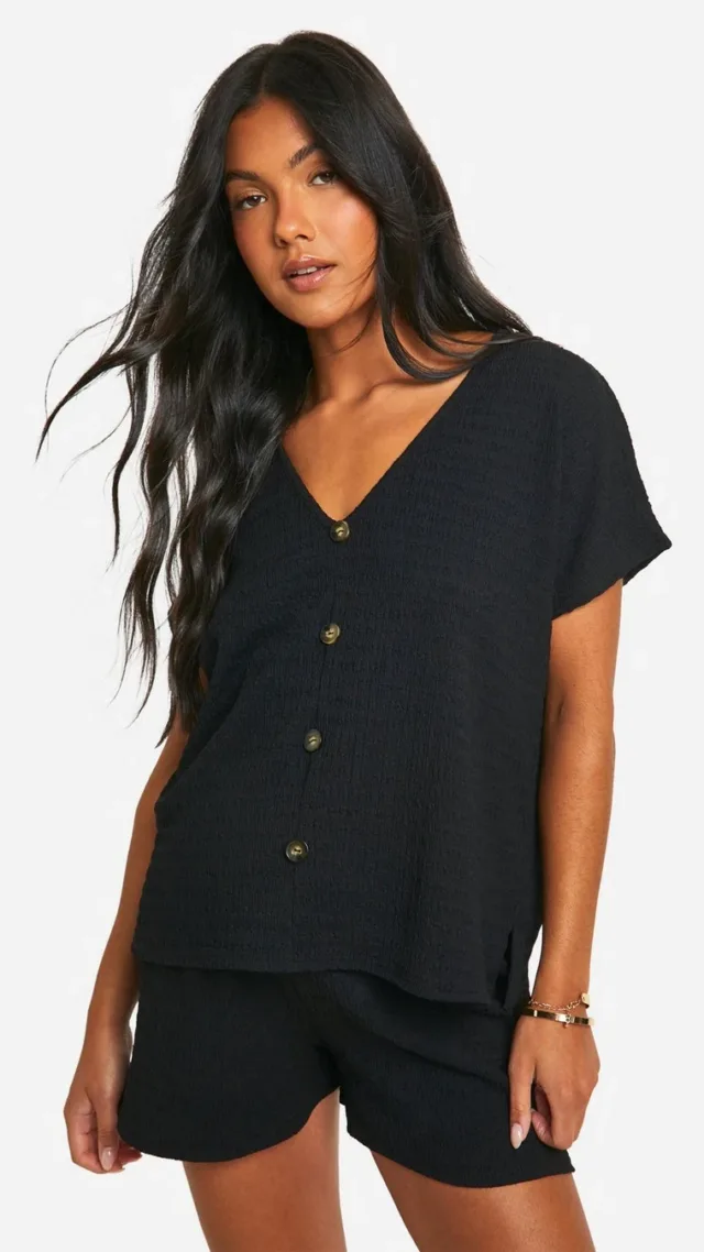 Black Maternity Crinkle Button Down Short Sleeve Shirt