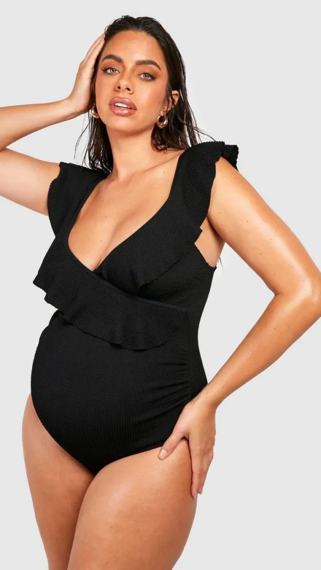 Black Maternity Crinkle Frill Swimsuit