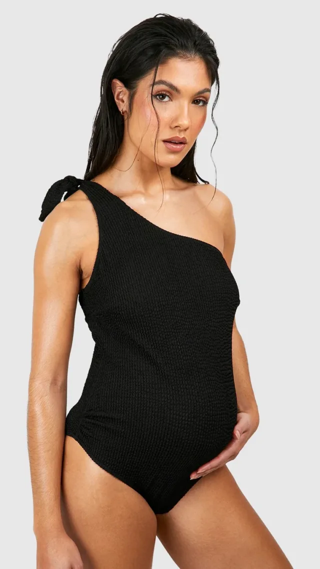 Black Maternity Crinkle Tie One Shoulder Swimsuit