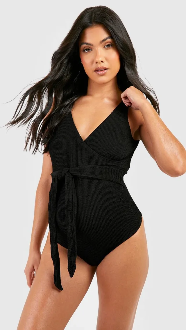 Black Maternity Crinkle Tie Waist Wrap Swimsuit