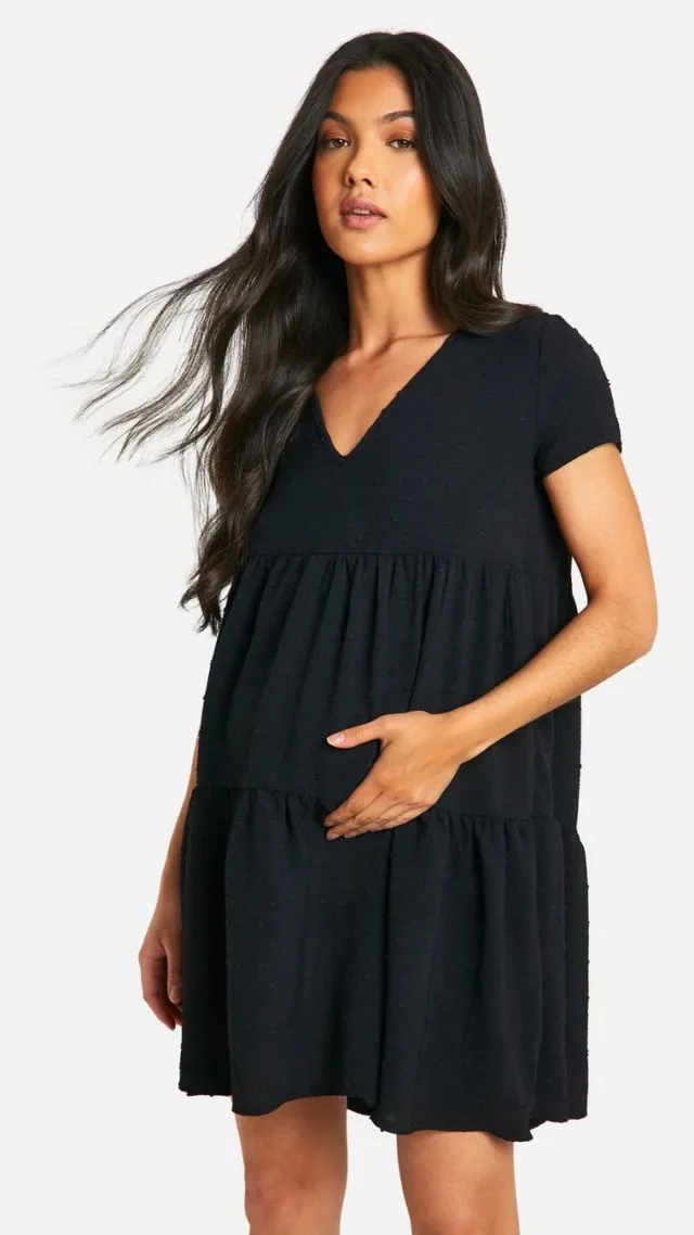 Black Maternity Dobby Short Sleeve Tiered Smock Dress