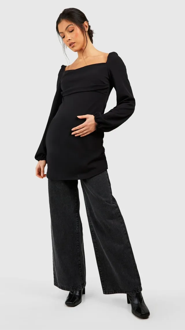 Black Maternity Drape Detail Blouson Sleeve Top