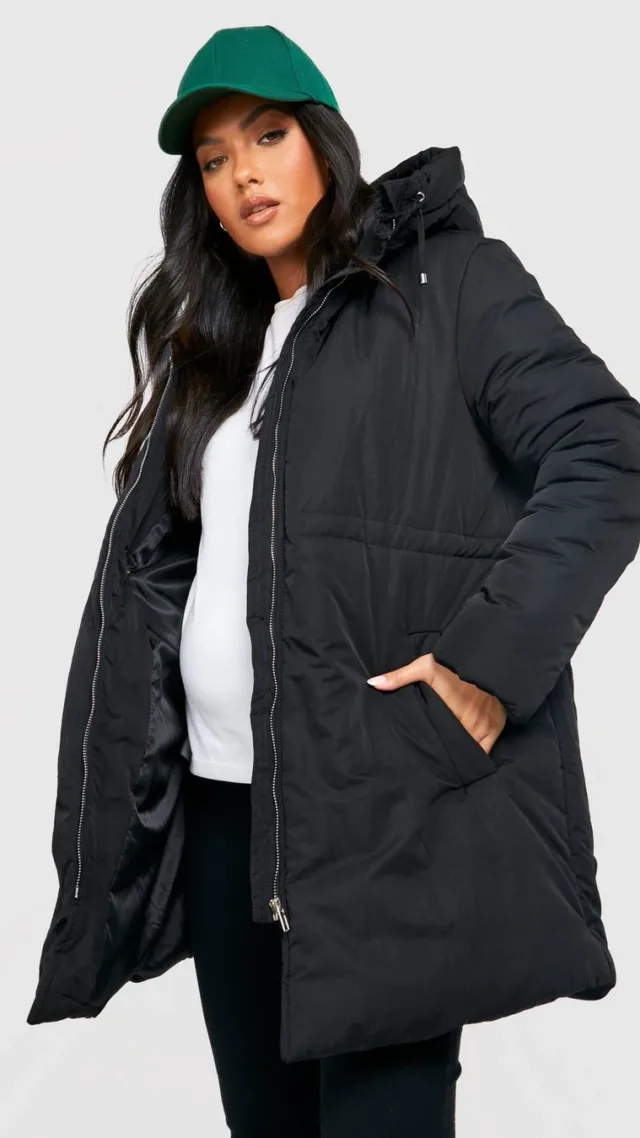 Black Maternity Drawstring Padded Parka