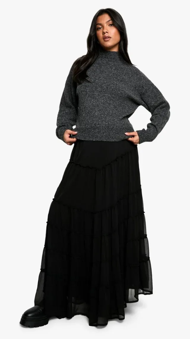 Black Maternity Elasticated Waist Chiffon Tiered Maxi Skirt