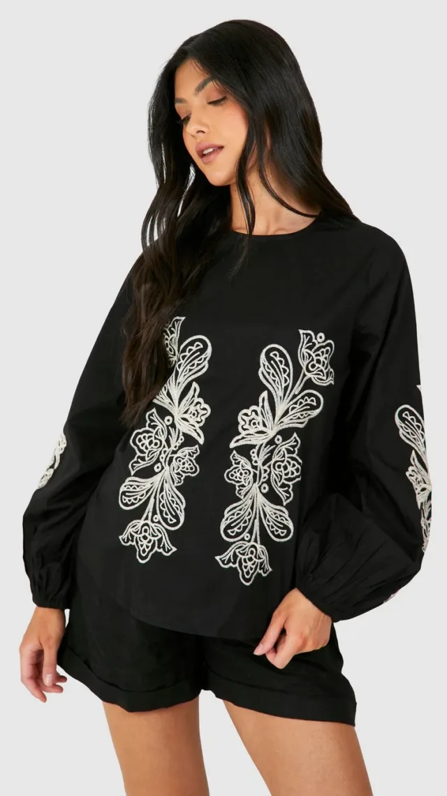 Black Maternity Embroidered Long Sleeve Smock Top