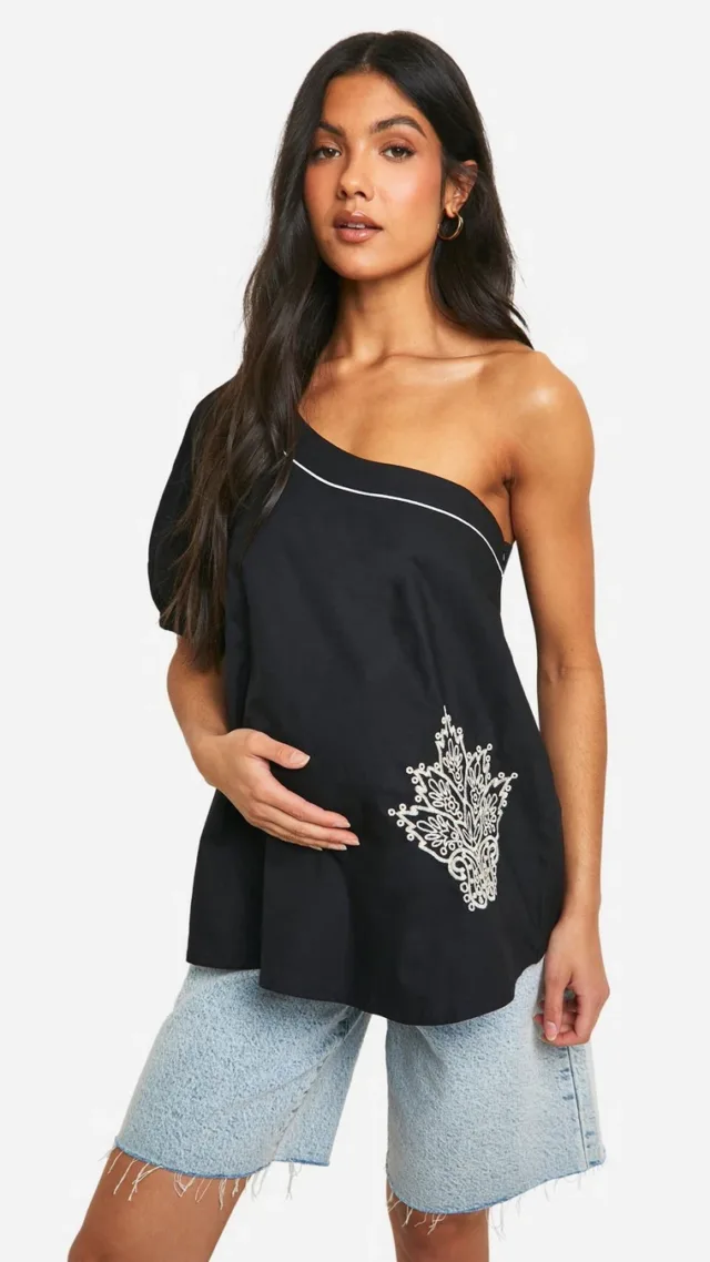 Black Maternity Embroidered One Sleeve Smock Top